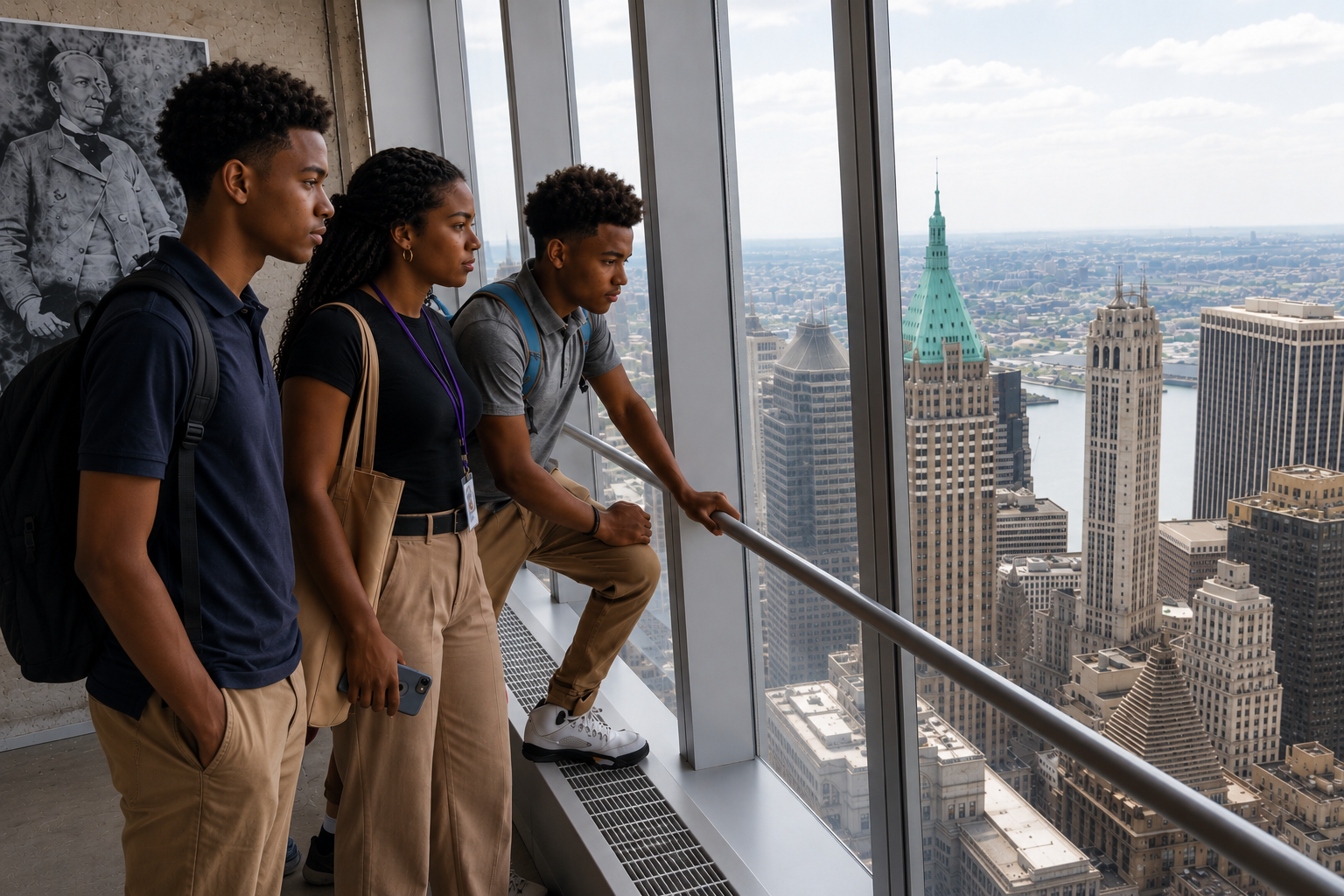 Students looking out over the New York City skyline from a skyscraper observation deck
